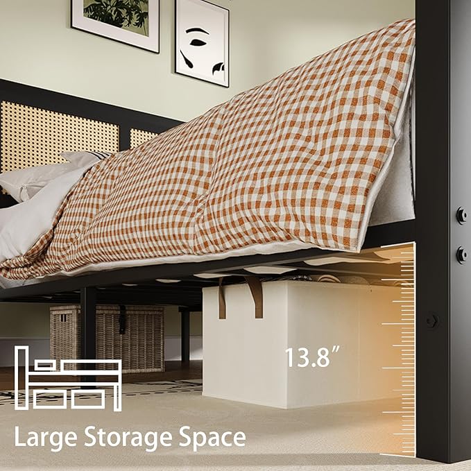 Rattan Full Bed Frame, Boho Full Size Bed Frame with Headboard, Metal Platform Bed Frames Full with Strong Slats Support, No Box Spring Needed, Noise Free, Easy Assembly, Black