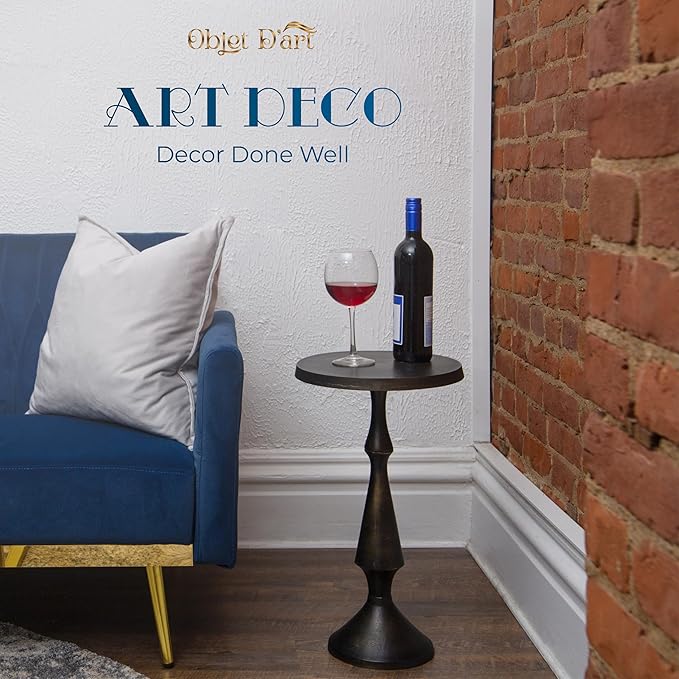 OBJET D'ART Small Round Black Side Table, Nero, 21" Height, Vintage Metal Accent, Side, Pedestal, Coctail and Drink Tables for Living Room and Small Spaces