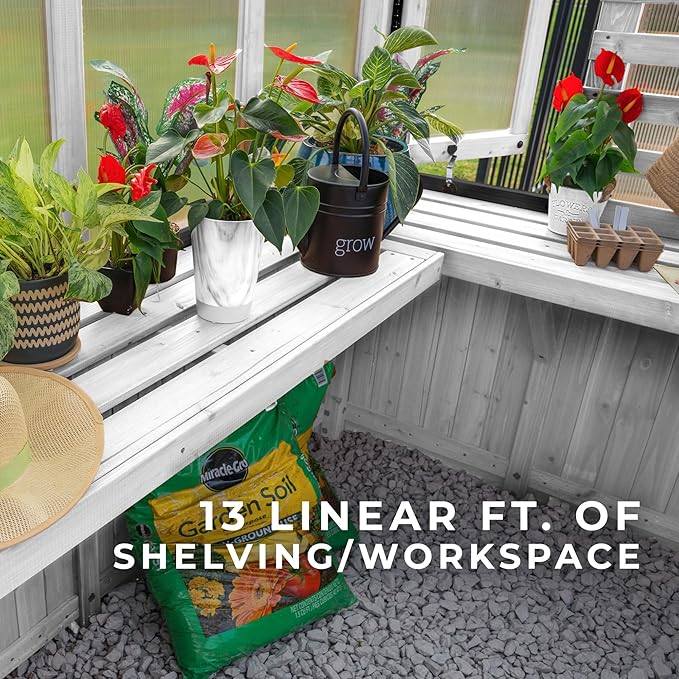 Backyard Discovery Willow 9' x 6' White Cedar Wood and Polycarbonate Walk-in Greenhouse Kit with Exhaust Fan, Windows, Hose Hook-Ups, PowerPort, Staging Shelves for Year-Round Outdoor Gardening