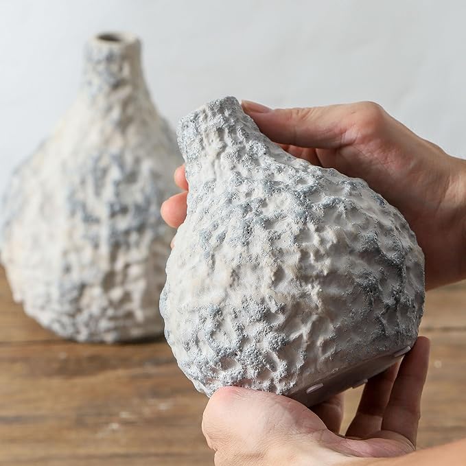 Stone Vases Set of 2, Ceramic Bud Vase Minimalist Vases for Pampas Grass,Modern Vase for Wabi Sabi Home Decor, Shelf Decoration，Fireplace Decor,Coffee Table Decor