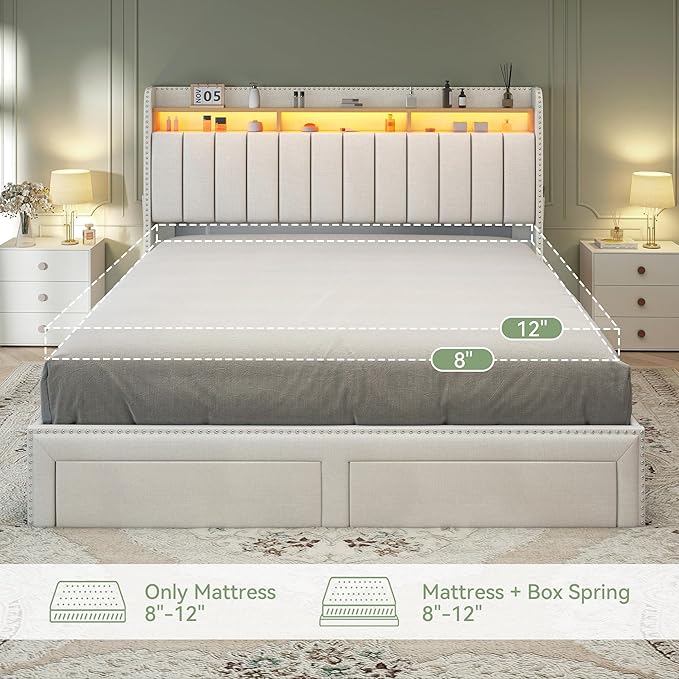 Torana Full LED Bed Frame with 2 Drawers, Linen Upholstered Storage Wingback Headboard Beds, Channel Tufted Platform Bedframe with Rivet Decor, No Box Spring Needed, Natural
