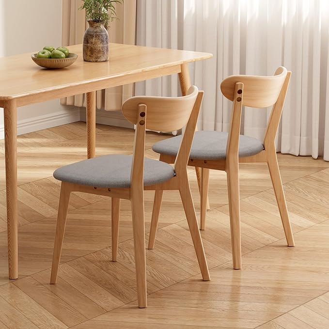 100% Solid Oak Wood Dining Chairs,Mid Century Modern Dining Chairs with Upholstered Cushion,Kitchen,Dining Room Chairs Set of 2 (2, Original Color Grey Upholstery)