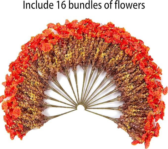 Artificial Outdoor Flowers 16 Bundles Fake Morning Glory Flower Outdoor UV Resistant Plastic Faux Flowers Plants for Decoration Indoor Outdoor Hanging Window Box Planter Home Porch Decor (Fall Orange)