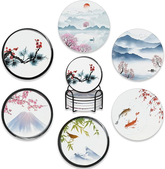Drink Coasters Set of 6 with Holder,Japanese Cherry Blossom and Fujiyama Mountain Absorbent Ceramic Coasters with Cork Base,Fit All Cups,Tabletop Protection Mat for Mugs and Cups,Office,Kitchen