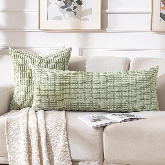 Fancy Homi 2 Packs Sage Green Long Lumbar Decorative Throw Pillow Covers 14x36 Inch for Bed Couch Bedroom, Soft Corduroy Rectangle Solid Cushion Case 35x91 cm, Rustic Farmhouse Boho Room Décor