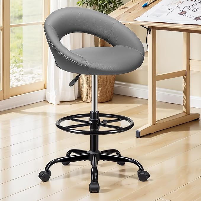 Drafting Chair for Standing Desk, Height Adjustable Rolling Stool with Backrest & Footrest, Tall 360° Swivel PU Leather Stool Chair with Wheels for Office, Gray