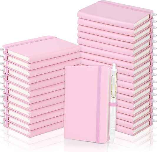 Aodaer 50 Sets Pocket Notebook Journal with Pens, 160 Pages, 3.5 x 5.5 Inch Mini Lined Journal Notebook A6 Leather Hardcover College Ruled Notepad with Pen Holder for School Office Gifts, Pink