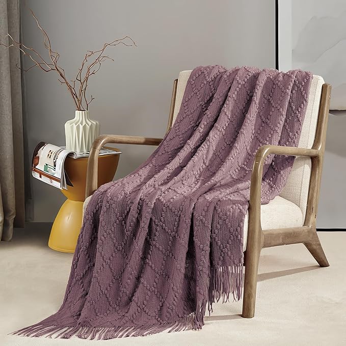 BOURINA Dark Lavender Throw Blanket 50 x70 Inches Jacquard Argyle Throw Textured Solid Soft Throws and Blankets for Sofa or Bed Knitted Decorative Blanket