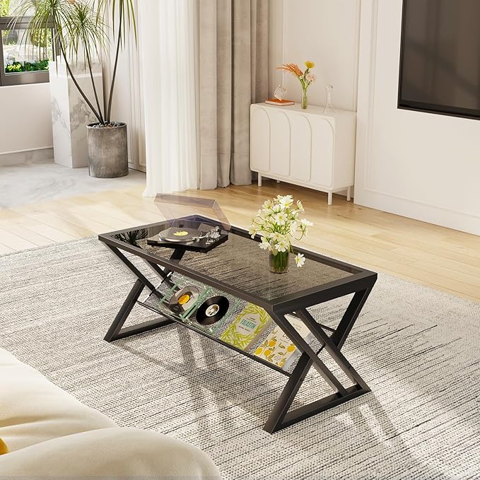 Glass Coffee Table Living Room Table with Storage Shelf, Grey Glass Table Simple Modern Rectangular Tables with Sturdy Black Metal Frame,Industrial Glass Coffee Table for Bedroom Home Office