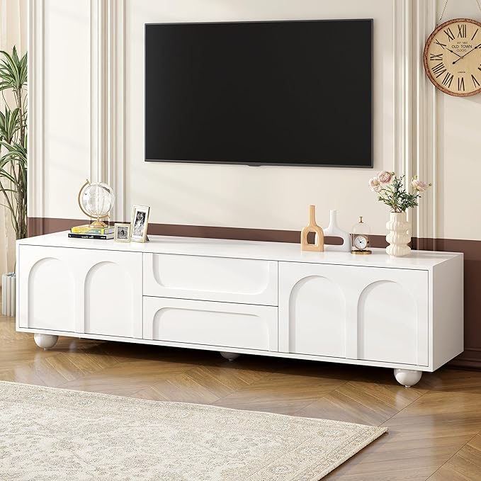 Merax Cream Style TV Stand with Arched Doors & 2 Drawers for TVs up to 75", Minimalist Media Console with Rebound Device, Entertainment Center with 5 Iron Round Legs for Living Room, Bedroom, White