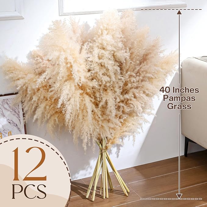 12pcs 40'' Dried Pampas Grass Decor - Tall-Large Pampas Grass - Natural Beige - Boho Home Decor