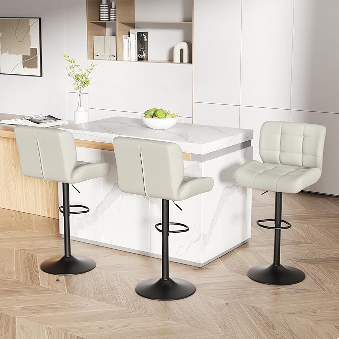 Modern Bar Stools Set of 3, Faux Leather Upholstered Swivel Bar Stools, Adjustable Counter Height Bar Chairs with High Back and Footrest for Kitchen Island (Beige)