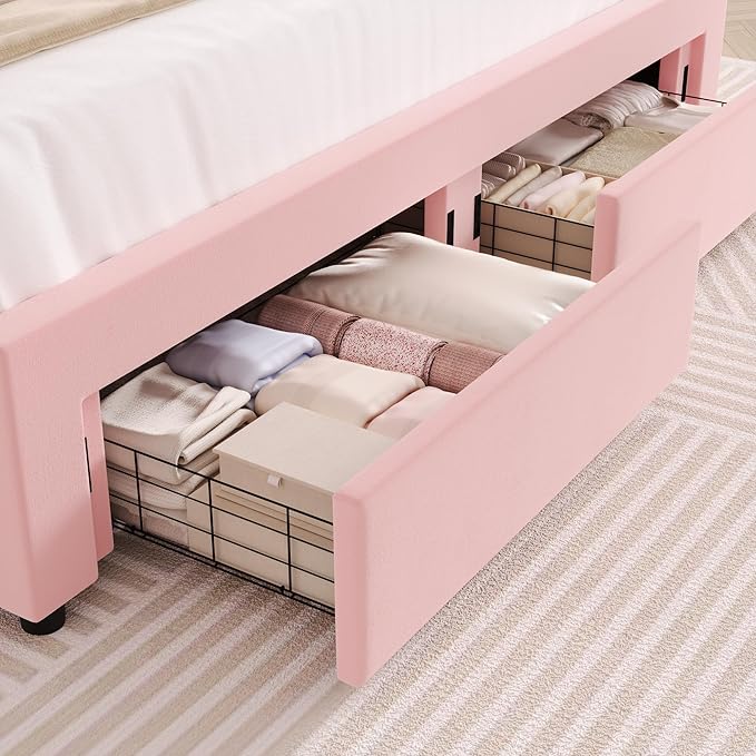 HITHOS Full Upholstered LED Bed Frame with 2 Storage Drawers, Velvet Platform Bed with Wingback Headboard, Solid Wooden Slats Support, No Box Spring Needed, Headboard Splicing Design, Pink