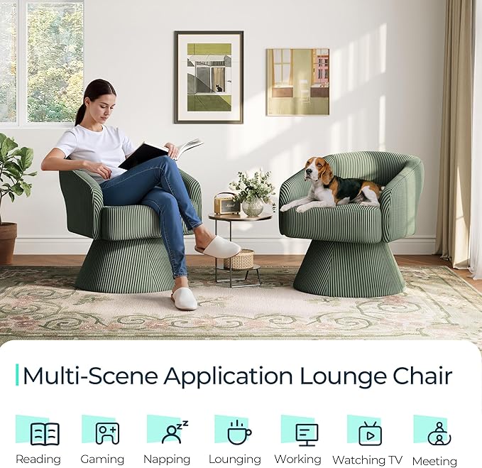 LINSY Swivel Accent Chair, Small Barrel Chair 360 Swivel Modern Armchair, Upholstered Reading Chair for Small Spaces Living Room, Vanity Chair for Bedroom, Green