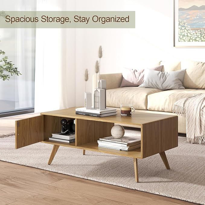 Mid Century Modern Coffee Table with Storage, Light Oak Wood Center Table with Cabinet & Open Shelf, Retro Cocktail Table for Living Room and Small Spaces