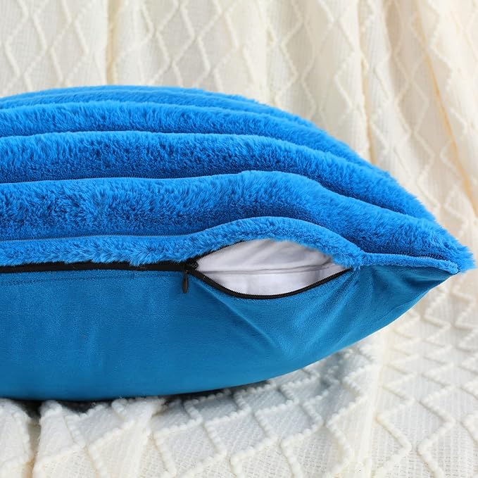 FUTEI Royal Blue Striped Decorative Throw Pillow Covers 14x14 Inch Set of 2,Square Fall Decorations Couch Pillow Case,Soft Cozy Faux Rabbit Fur & Velvet Back,Modern Home Decor for Bed