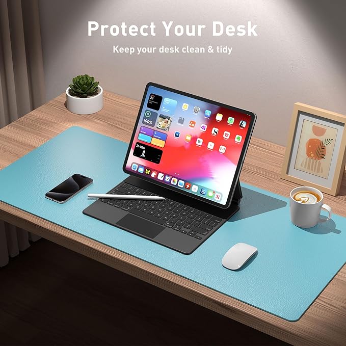 Aothia Large PU Leather Desk Pad Protector – Non-Slip Mouse Pad & Writing Mat for Office/Home, Waterproof, Easy to Clean(36" x 17", Blue Topaz)