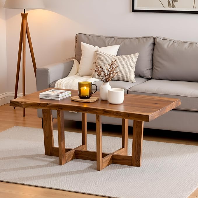 Berkshire 42-Inch Live Edge Coffee Table – Handcrafted Solid Acacia Wood in Minimalist Design and Natural Finish with Cross-Braced Wood Legs and Floor Protectors – Modern Living Room Furniture