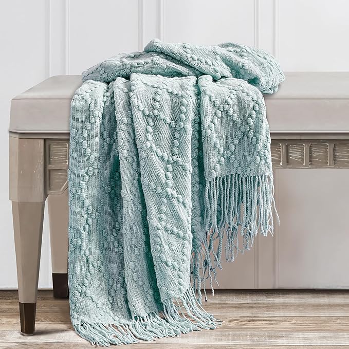 BOURINA Aqua Throw Blanket 50 x70 Inches Jacquard Argyle Throw Textured Solid Soft Throws and Blankets for Sofa or Bed Knitted Decorative Blanket