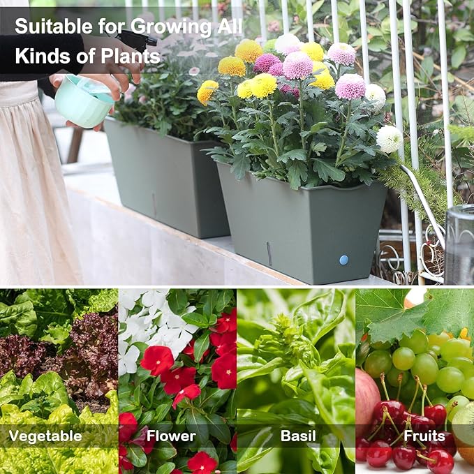 Window Box Planter 6 Pcs, 12.6 Inches Self Watering Rectangle Flower Plant Pots with Drainage Holes & Breathable Trays, Vegetable Planters for Windowsill Patio Garden Balcony Porch Yard (Dark Green)