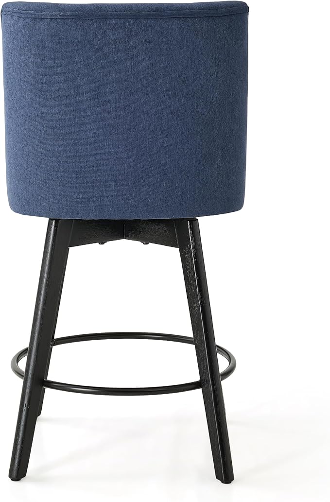 Vipbear Counter Height Bar Stools Set of 2, 26" H Swivel Bar Stools with Backs, Linen Fabric Upholstered Bar Chairs with Solid Wood Legs for Kitchen Island, Dining Room, Home Bar, Deep Blue