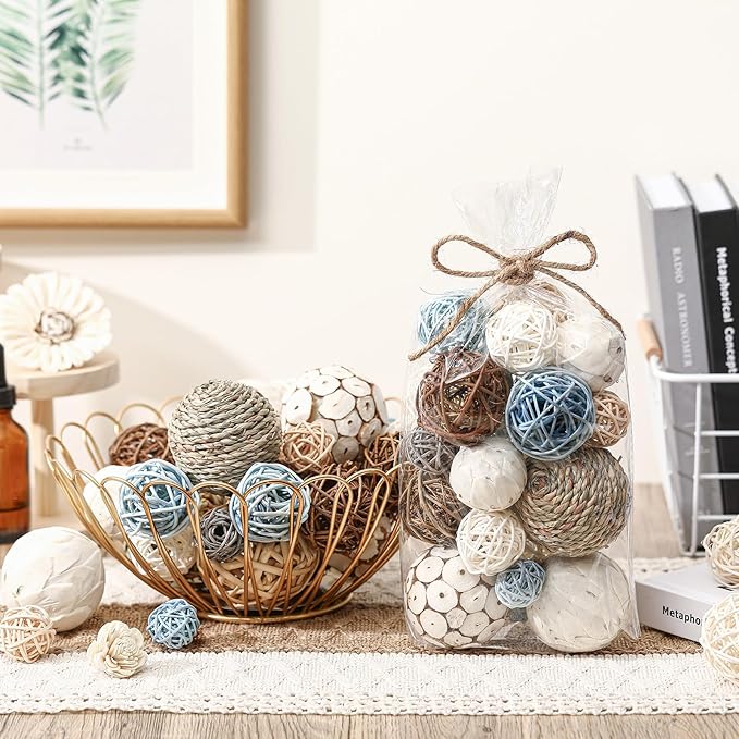 Riceshoot 2 Pack Decorative Balls Potpourri Bowl Filler Decor Natural Vase Bowl Filler Assorted Spherical Rattan Twigs Wicker Balls Cotton for Home Centerpiece(Blue)