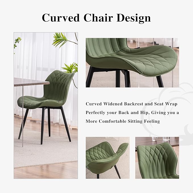 YOUNIKE Dining Chairs Set of 2, Upholstered Faux Leather Kitchen Dining Room Chairs, Modern Living Room Bedroom Side Chairs with Wide Curved Back and Metal Legs, Olive Green