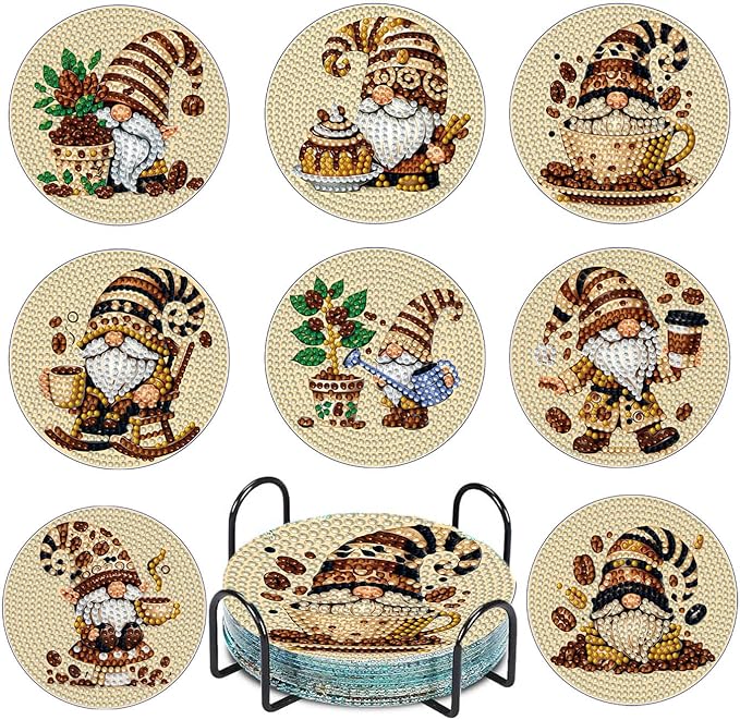 8 PCS Coffee Gnome Diamond Art Coasters Kits, Diamond Painting Coasters with Holder Set of 8, DIY Drink Coasters Art Crafts Supplies for Adults Cup Mat for Home Decor House Warming Gifts 3.9inch