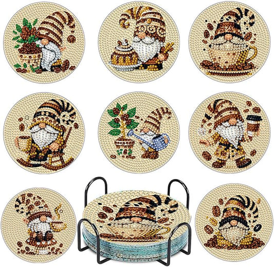 8 PCS Coffee Gnome Diamond Art Coasters Kits, Diamond Painting Coasters with Holder Set of 8, DIY Drink Coasters Art Crafts Supplies for Adults Cup Mat for Home Decor House Warming Gifts 3.9inch