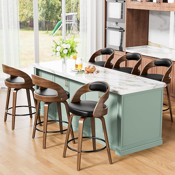 Bar Stools Set of 6, 26" Counter Height Barstools with Bentwood Legs, Swivel Counter Stools with Back, Mid Century Modern Faux Leather Upholstered Barstools for Kitchen Island, Black