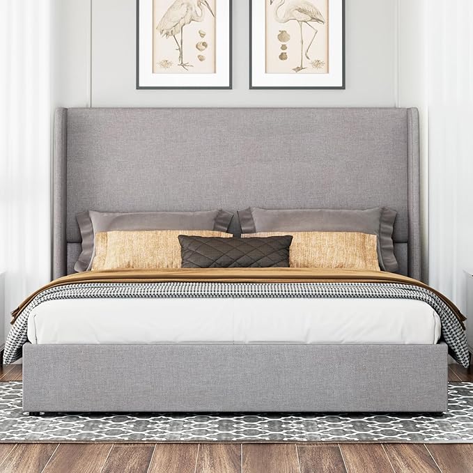 Jocisland Queen Size Lift Up Storage Bed Frame Linen Upholstered Platform Bed/Hydraulic Storage/Modern Wingback Headboard/No Box Spring Needed/Wood Slats Support/Light Grey