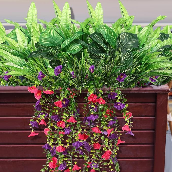 12 Pcs Artificial Greenery for Outdoor UV Resistant Fake Flowers and Greeneries Plastic Hanging Plants for Window Box Spring Summer Garden Patio Porch Yard Decoration(Bright Color)