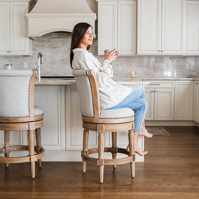 Maven Lane Pullman Counter Stool 26 Inches – Set of 2 – Swivel Stools with Footrest – Light Brown Solid Wood Frame & Natural Fabric Upholstery – Perfect for Kitchen Islands & Counters