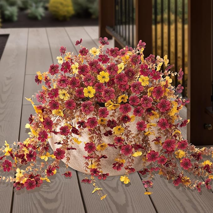 Fall Flowers Artificial for Decoration,Artificial Flowers for Outdoors,Autumn Fake Plants Home Decor Thanksgiving Realistic Silk Daisy,Fall Leaves UV Resistant Garden Courtyard Patio (Yellow Brown)