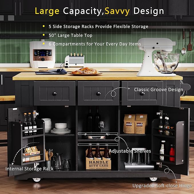 Merax 53" Upgraded Kitchen Cart Island on Wheels with Power Outlet,Drop Leaf,3 Drawers and 5 Open Side Racks,Wood Frame Storage Cabinet