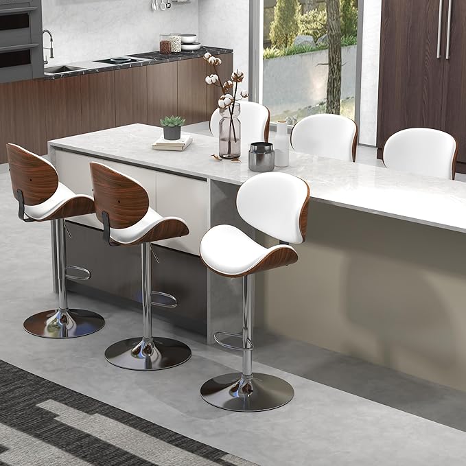 civama Bar Stools Set of 4 for Kitchen Counter, Adjustable Bar Height Chairs, Modern Swivel Barstools with Bentwood Seat and Back with Footrest for Kitchen Island, Dining Room, White PU Leather