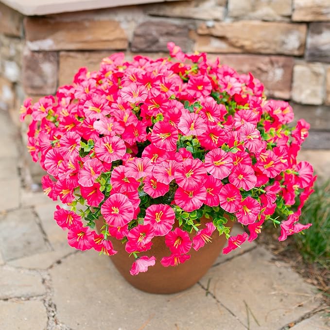 Fake Plants Artificial Flowers for Outdoor Outside Summer Decoration, 12 Bundles Faux Flowers Silk Hot Pink Morning Glory with Eucalyptus Look Real UV Resistant for Planter Front Door Porch Yard Patio