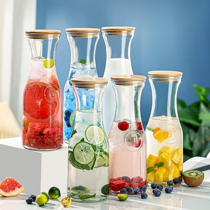 Glass Carafe Pitchers with Bamboo Lids, 4 pcs 1 Liter Beverage Serveware Pitcher Carafe Set for Mimosa Bar, Juice Container for Brunch, Cold Water, Juice -With 4 Wooden Chalkboard Tags