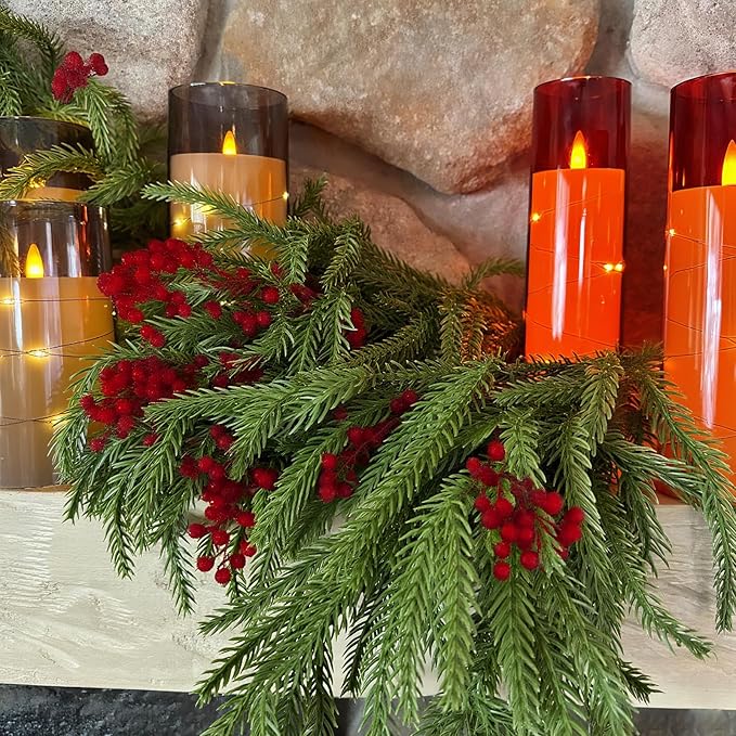 12pcs Christmas Norfolk Pine Stems with Berry Set, 18 Inches Artificial Norfolk Branch 6pack, Faux Berry Stem 6pack,Fake stem Greenery Pine Picks for Indoor Home Vase DIY Outdoor Wreath Decoration