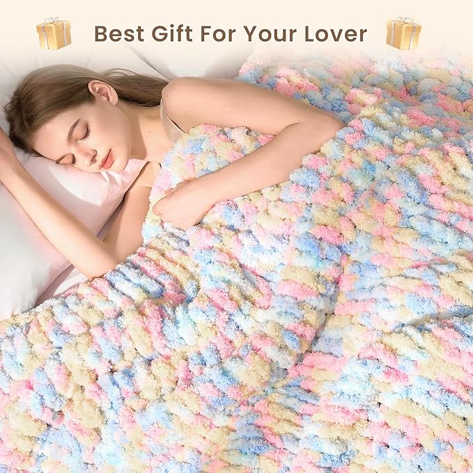 L'AGRATY Chunky Knit Blanket Throw: 50''x60'' Chenille Chunky Knitted Throw Blankets for Bed Couch - Handmade Thick Cable Knit Blanket - Large Crochet Rope Blankets for Home Decor