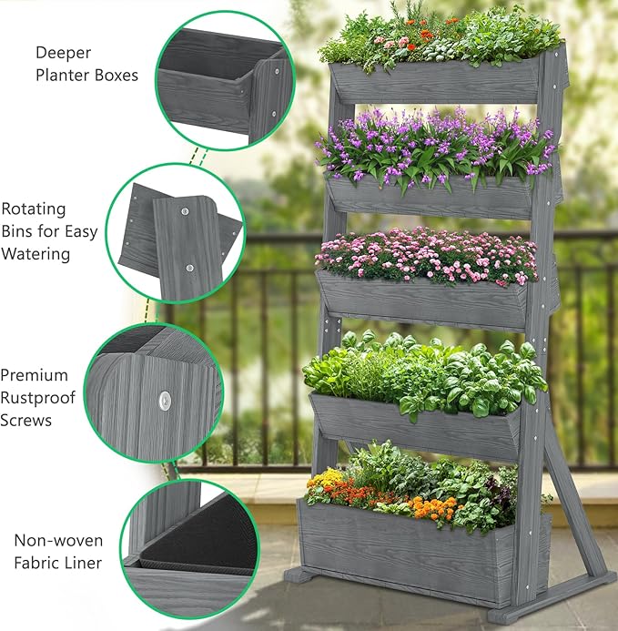 DoCred Vertical Wooden Raised Garden Bed, 5 Tier Garden Planters Freestanding Wood Plant Stand Flower Rack Wooden Planter Box for Plants Herbs Flowers Vegetables Outdoor Indoor Gardening