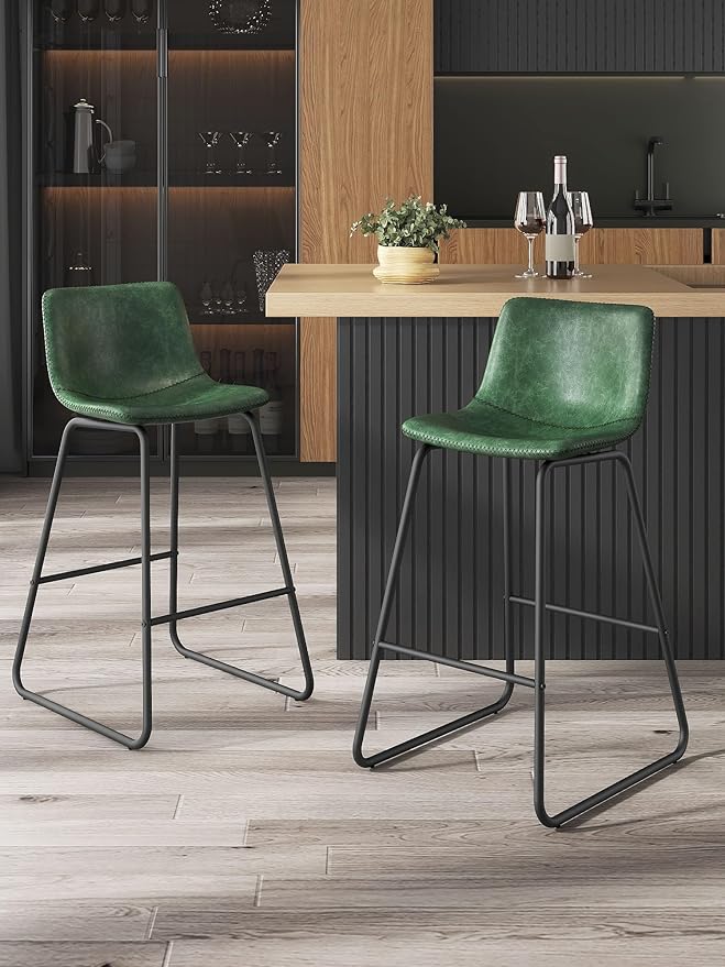 Bar Stools Set of 4, 26 Inches Counter Height Barstools with Back, Modern Faux Leather Bar Stool with Metal Legs and Footrest, Bar Chairs for Kitchens Island (Green)