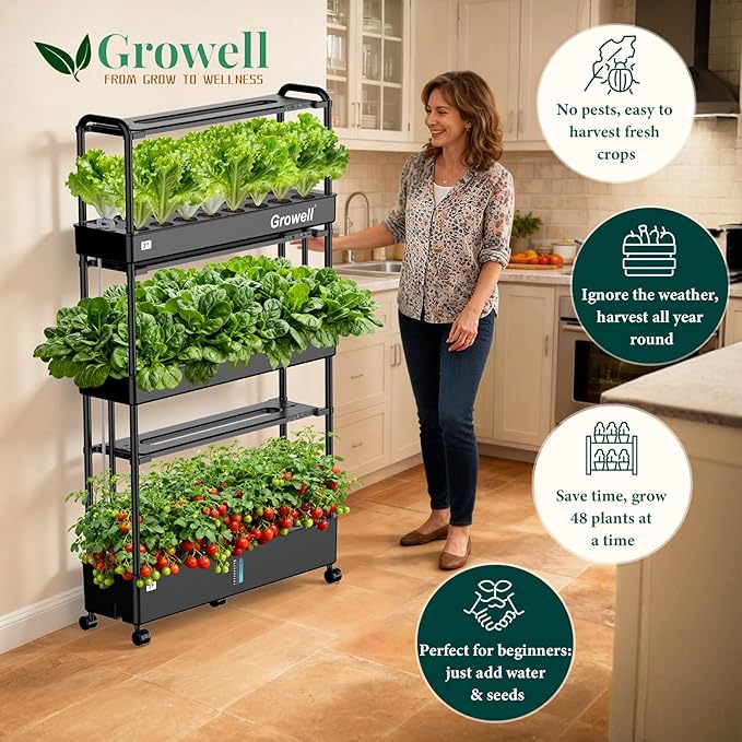 Large Basket Hydroponics Growing System Kit, 48 Pods Vertical Hydroponic Garden with 2 Grow Light Modes, Auto Circulating Water System, 40L Indoor Gardening System for Herb Vegetable Fruit