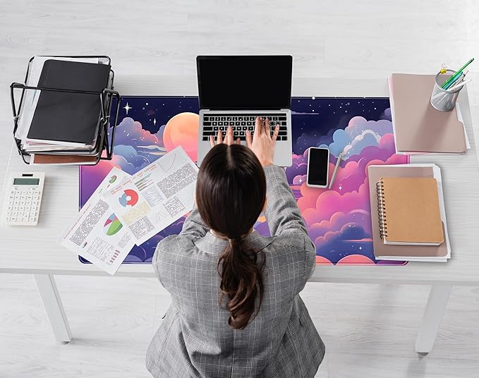 Cute Pink Purple Space Clouds Desk Mat Anime Gaming Mouse Pad Pastel Sky Desk Pad XXL Large Extended Mousepad 31.5x15.75 in, Cool Laptop Computer Keyboard and Mouse Mat for Women Office Decor