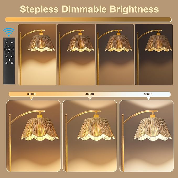 Oneach Arc Floor Lamp for Living Room with 3 Color Temperatures, Rattan Boho Floor Lamp with Remote & Dimmable Bulb, Farmhouse Floor Lamps Suitable for Bedroom, Study(Light Woodgrain)