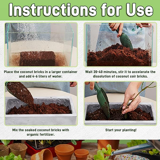 Coco Coir Brick for Plants, 24 Packs 100% Natural Organic Compressed Coconut Coir Fiber with Low EC & PH Balance, High Nutrition Coconut Soil Coco Fiber for Planting, Herbs