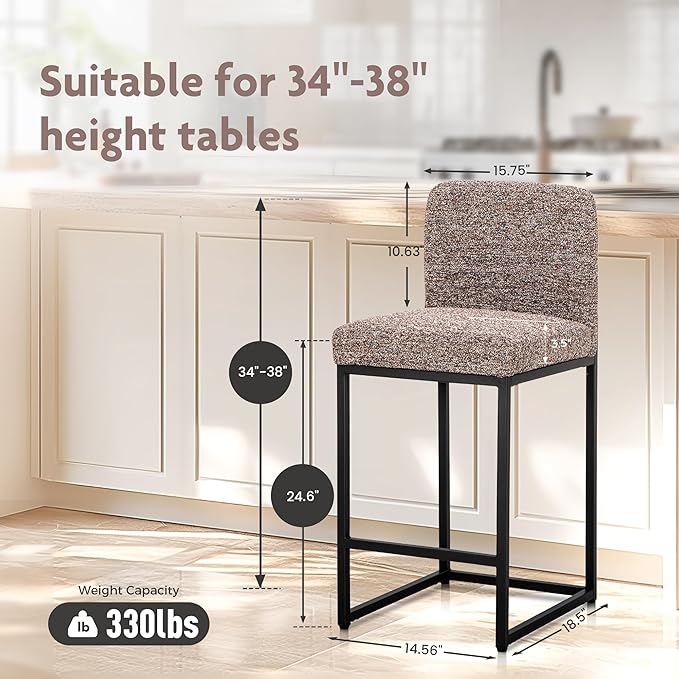 ALPHA HOME 24" Bar Stools Set of 2 Kitchen Counter Stools with Back, Counter Height Stools with Upholstered Footrest for Kitchen Island, Metal Steel Frame, Chenille, Brown