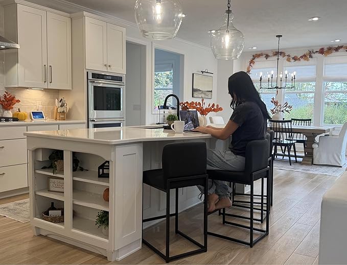 ALPHA HOME Counter Height Bar Stools, 24” Kitchen Counter Stools Set of 1, Pu Leather Kitchen Modern Bar Chairs with Back&Footrest, Sturdy Chromed Metal Steel Frame, Black