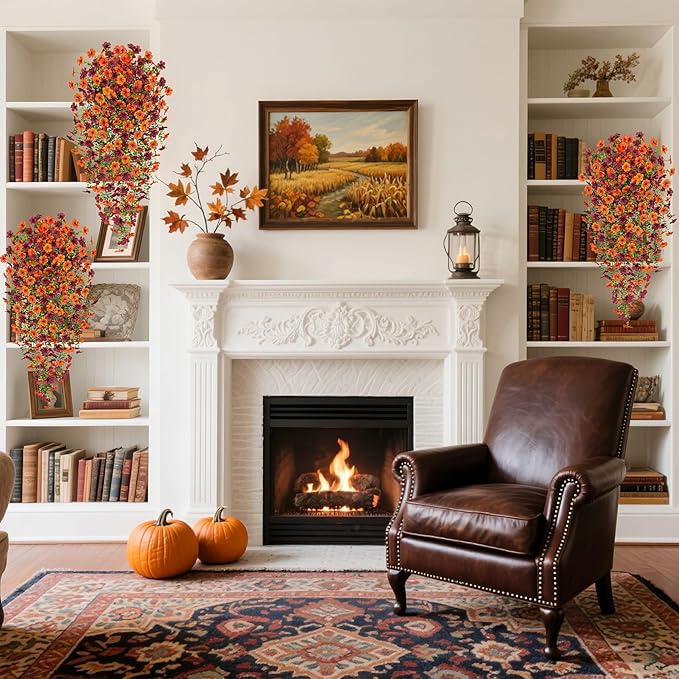 Fake Mums Artificial Hanging Flowers for Outdoor Fall Decoration, 2 PCS Silk Daisy Flower Realistic Faux Plants UV Resistant for Porch Patio Window Yard Outside Autumn Decor(Orange Brown)