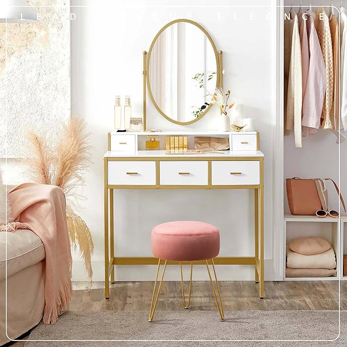 LUE BONA Vanity Stool, Pink Vanity Stools for Makeup Room, Round Ottoman Foot Stool, Velvet Footrest Vanity Chair for Bathroom Vanity, Bedroom, Living Room, Entryway, Offices